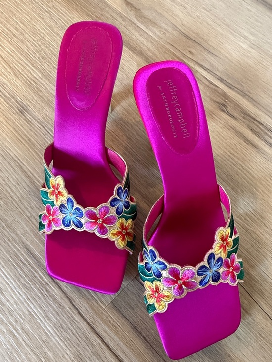 Jeffrey Campbell Fuchsia Satin Floral Embroidered Slide Mules - Picture 3 of 3